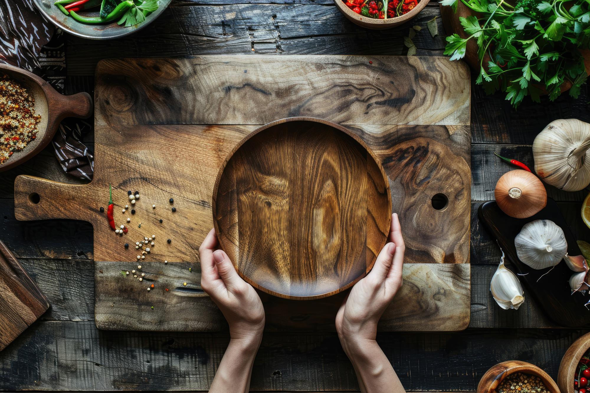Chef plating a seasonal dish on a wooden board
